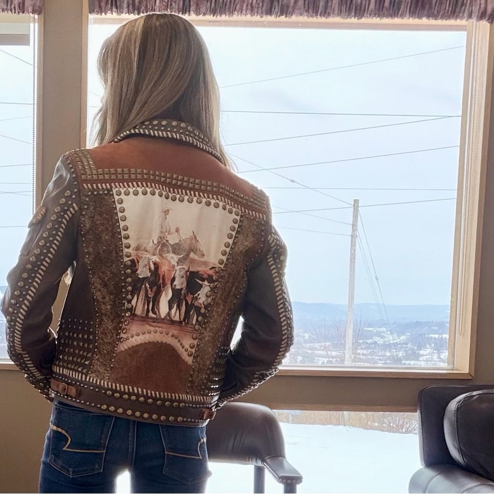 Double D Ranch Studded Leather Jacket in Gray and Tan - Picture 7 of 7